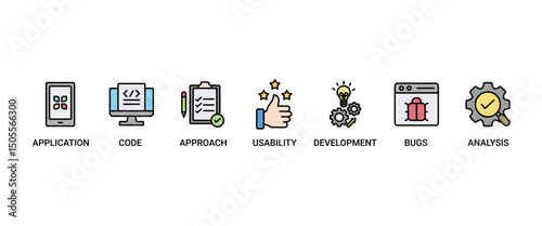 Software testing banner web icon set vector illustration concept with icon of analysis, development, application, code, approach, usability, and bugs icons infographics symbol background