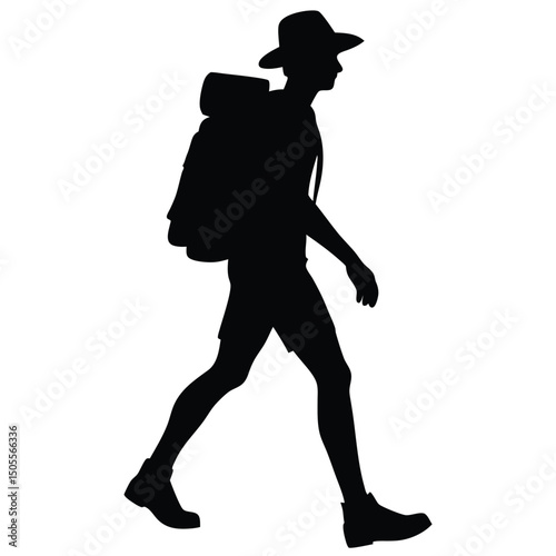 Silhouette of a Hiker Walking with Backpack and Hat on a White Background
