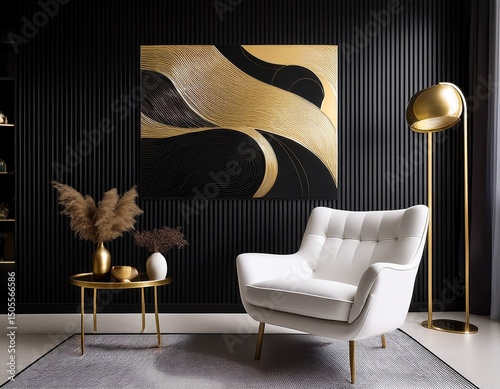 a modern living room interior with a white armchair a gold floor lamp and a large abstract painting hanging on a black wall