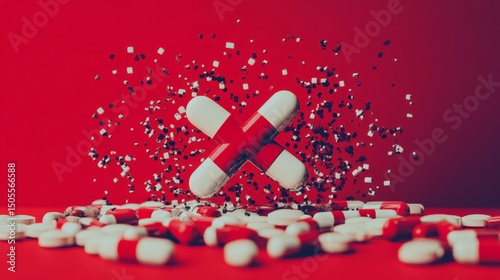 Exploding red cross made of capsules surrounded by scattered pills on red background