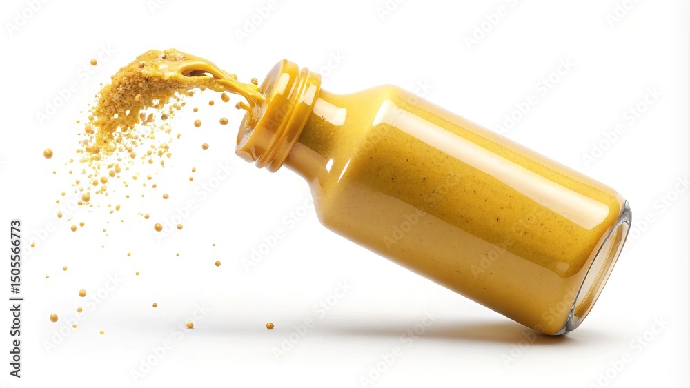 Fototapeta premium Overflowing bottle of golden liquid with splash on a clean white background