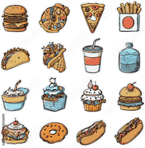 Fast Food Cartoon Stickers Set