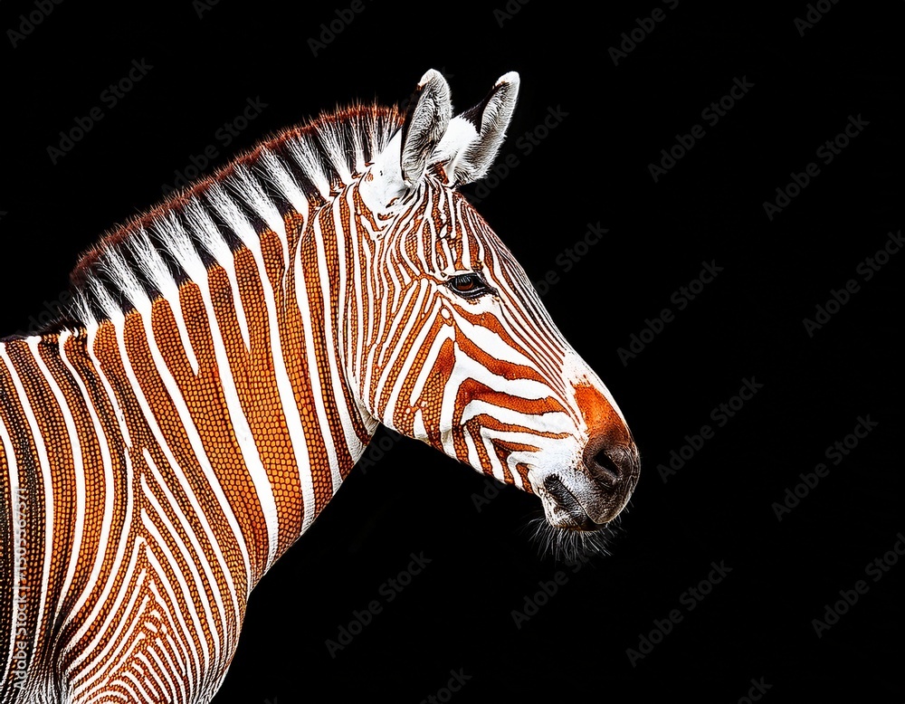 Fototapeta premium bold orange and white dot style zebra against a solid black backdrop