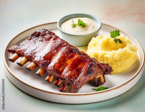 a rack of ribs is served on a white plate with a side of mashed potatoes