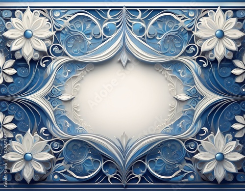 elegant blue and white frame with intricate floral design and diamond patterns