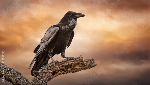 a raven perches on a gnarled branch against a textured sepia toned sky exuding a mystical and solitary aura