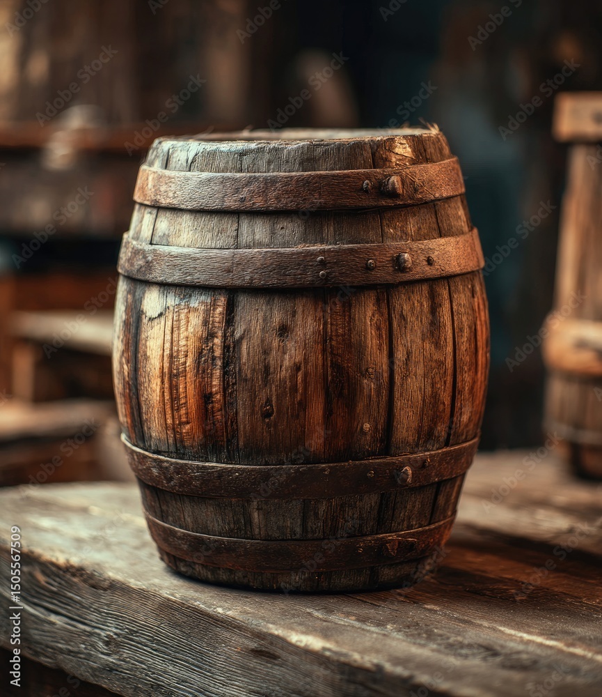 Fototapeta premium A weathered wooden barrel, bound with rusty iron hoops, rests on a worn wooden surface in a dimly lit setting