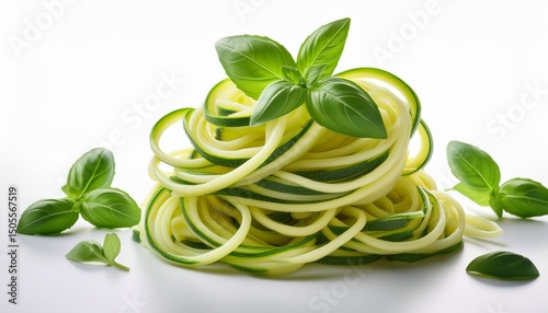 a vibrant pile of fresh zucchini noodles is delicately garnished with vibrant green basil leaves on a white background