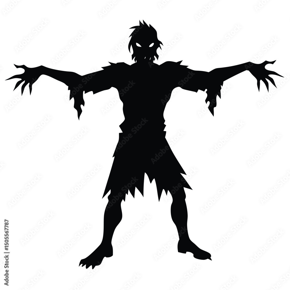 Fototapeta premium Silhouette of Ragged Undead Monster with Glowing Eyes on White Backdrop