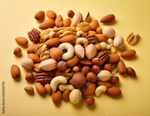 a pile of mixed nuts on a light yellow background