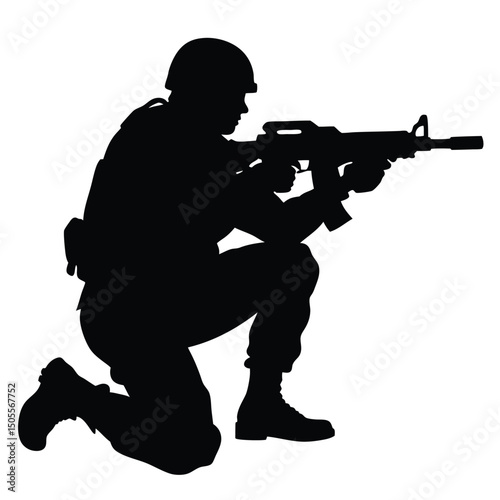 Silhouette of Soldier Kneeling and Aiming Rifle for Military Concept Representation