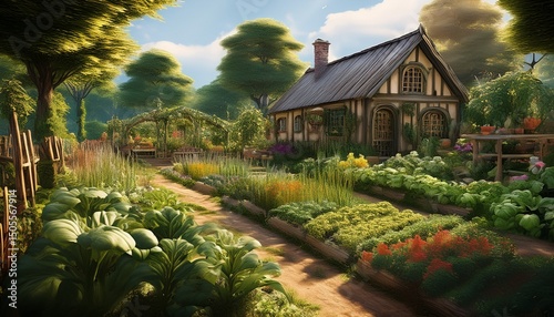 charming vegetables garden scene with rustic architecture and lush greenery