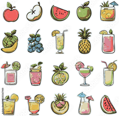 Hand-Drawn Fruit and Drink Stickers