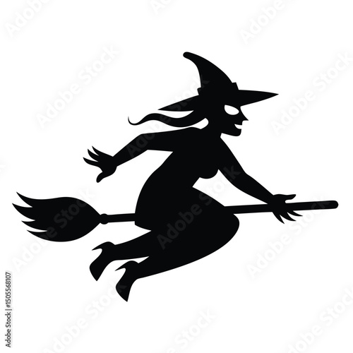 Silhouette of Witch Flying on Broomstick, Halloween Imagery, Spooky Illustration, Dark Symbol