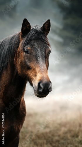 Brown horse stands majestically in a misty field during early morning light