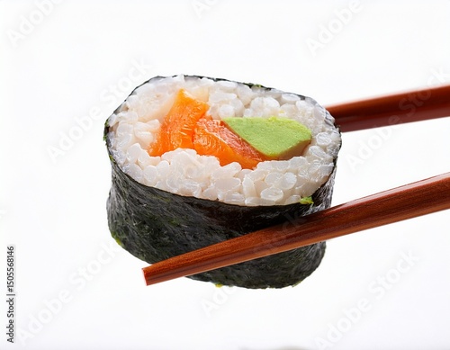 chopsticks holding sushi isolated on a white background