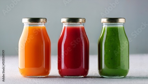 bottles with blank mock ap labels with red green and orange smoothies