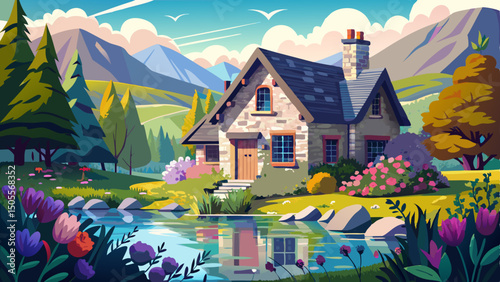 In the heart of Lake District, England, a charming lakeside stone cottage nestles among blooming flowers, reflecting serenity and timeless beauty beside the peaceful water.