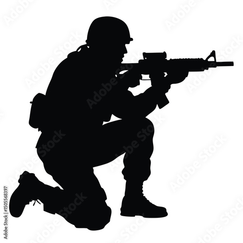 Silhouetted Soldier Kneeling with Rifle Ready to Fire Isolated on White Background