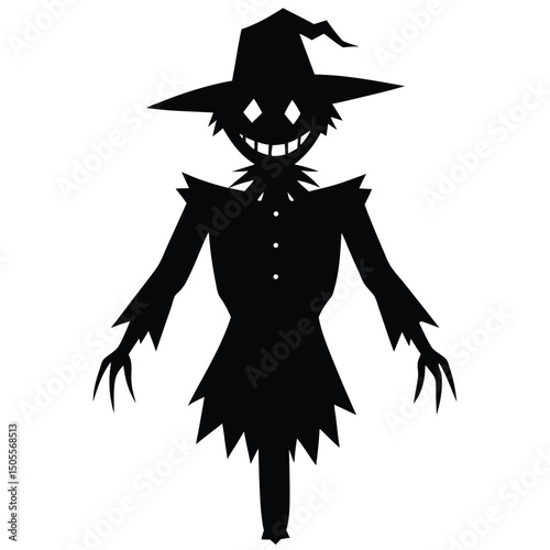 Silhouetted Spooky Scarecrow with Witch Hat, Buttoned Shirt, and Sharp Claws Illustration