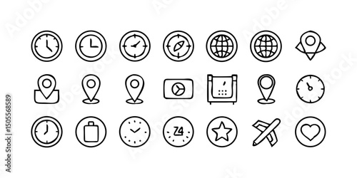 set icon Time, date and location icon set in line style, Containing hourglass, pin, stopwatch, calendar, clock, gps point, flag point, globe point and more, vector illustration