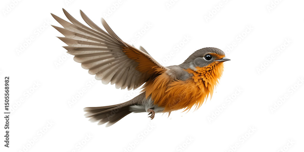 Obraz premium European Robin flying, open wings, photorealistic, transparent background.