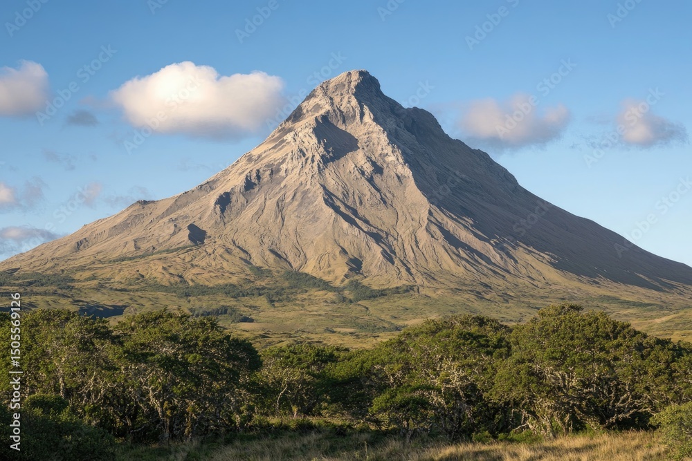 Imposing, grey volcanic peak rises sharply from verdant lowlands under a partly cloudy sky Imposing, grey volcanic peak rises sharply from verdant lowlands under a partly cloudy sky