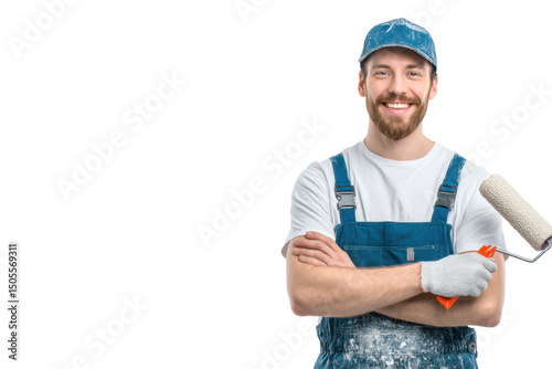 Portrait of a skilled wall painter with roller and cheerful smile in work attire