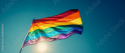 A colorful rainbow flag waves gracefully against a bright blue sky, illuminated by sunlight. This vibrant image symbolizes pride, diversity, and unity in a celebration of love and acceptance.