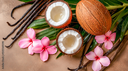 Tropical coconuts vanilla beans and pink flower exotic island scent fragrance flat lay photo