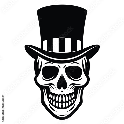 Skull Wearing Stripped Top Hat, Black and White Style Illustration