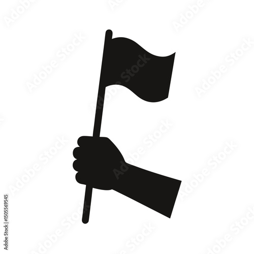 Black silhouette of a hand holding a flag signifying surrender on a white background isolated design element