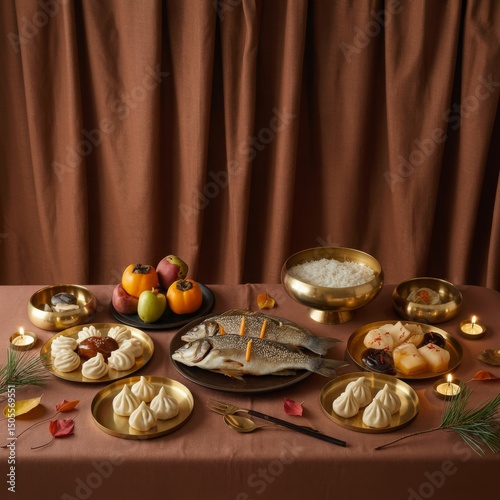 Chuseok top view table with brass dishes and harvest food.