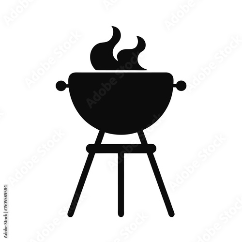 Minimalist black silhouette of a lit charcoal grill with flame and cooking elements representing outdoor summer barbecues.