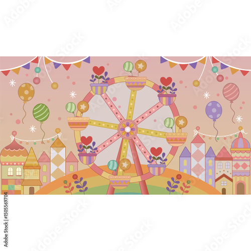 Amusement park with circus and Ferris wheel background