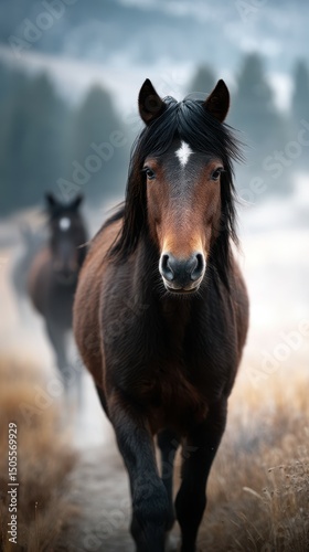 Horses wander down a misty path in a serene landscape surrounded by soft light and blurred forest background