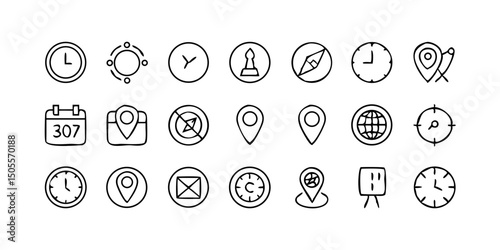set icon Time, date and location icon set in line style, Containing hourglass, pin, stopwatch, calendar, clock, gps point, flag point, globe point and more, vector illustration