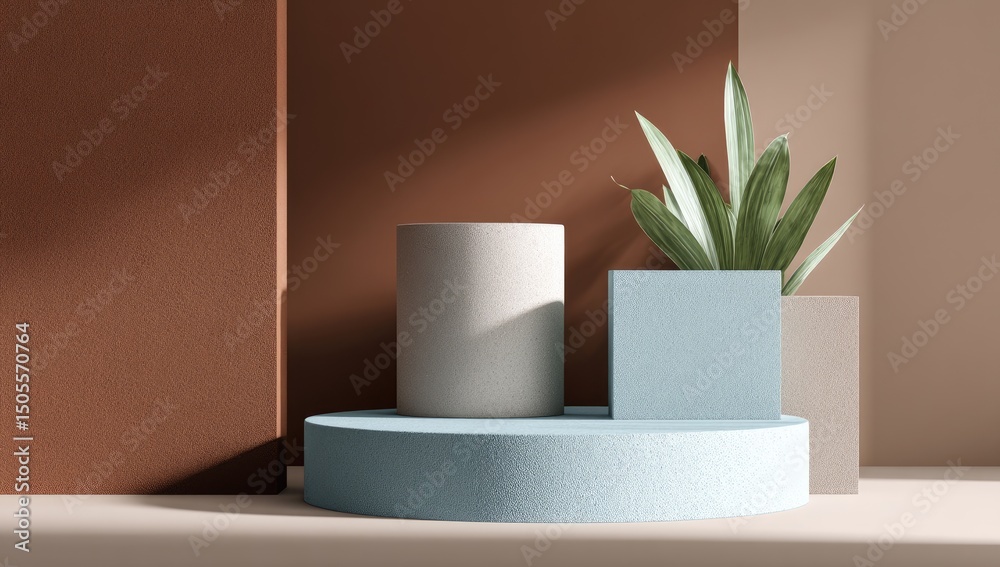 Minimalist scene with light-blue, white, and beige geometric shapes, a plant, and textured brown backdrop Minimalist scene with light-blue, white, and beige geometric shapes, a plant, and textured brown backdrop