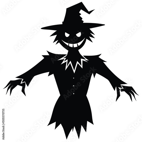 Spooky Scarecrow Silhouette with Wicked Grin and Hat for Halloween Decorations