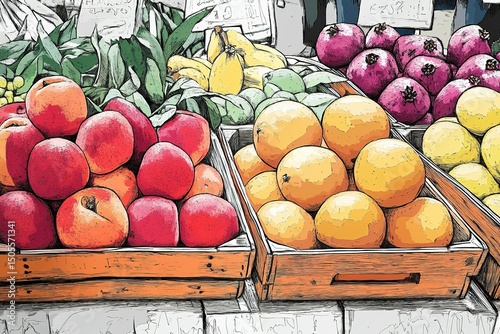A market fruit stand scene, featuring fresh produce like apples, peaches, lemons, and pomegranates, drawn in a thick-lined coloring book style
