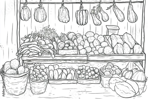 A market fruit stand scene, featuring fresh produce like apples, peaches, lemons, and pomegranates, drawn in a thick-lined coloring book style