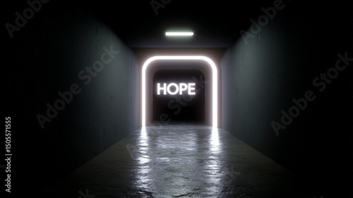 Illuminated tunnel with glowing hope sign in dark atmosphere