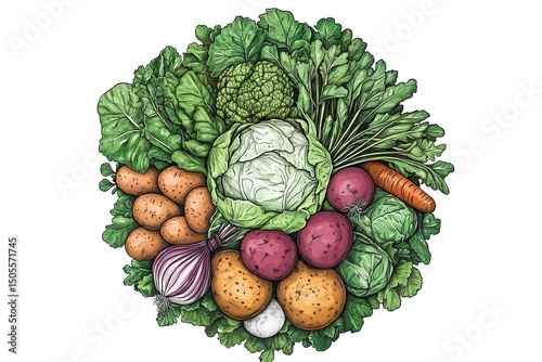 A variety of vegetables arranged in a circular mandala-style coloring page, featuring potatoes, onions, cabbages, and radishes