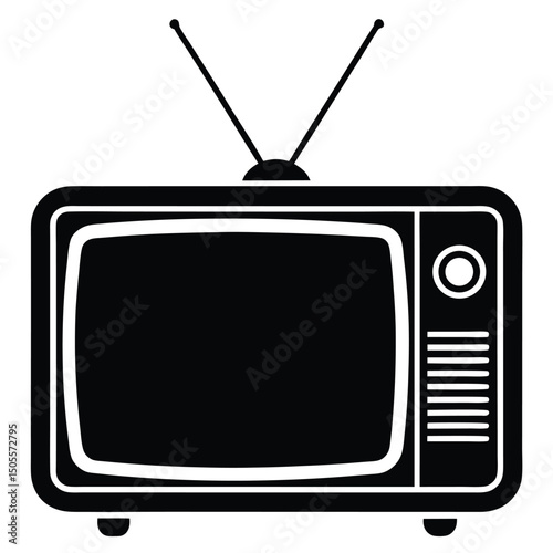 Vintage Television Set with Antenna, Dial, and Speaker Grille in Black Silhouette