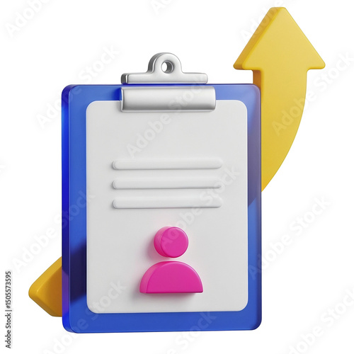 Clipboard with candidate profile and growing arrow showing successful hiring process on transparent background