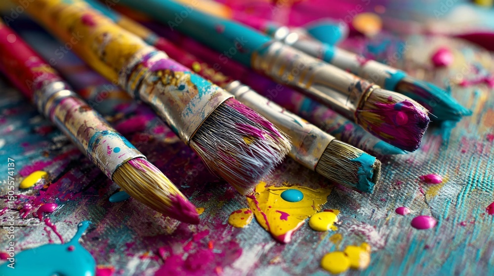 Fototapeta premium Messy paintbrushes with vibrant acrylic splashes - creative art process