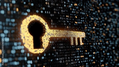 Key silhouette composed of glowing binary code elements representing digital security, encryption, and modern technology in a dark background
