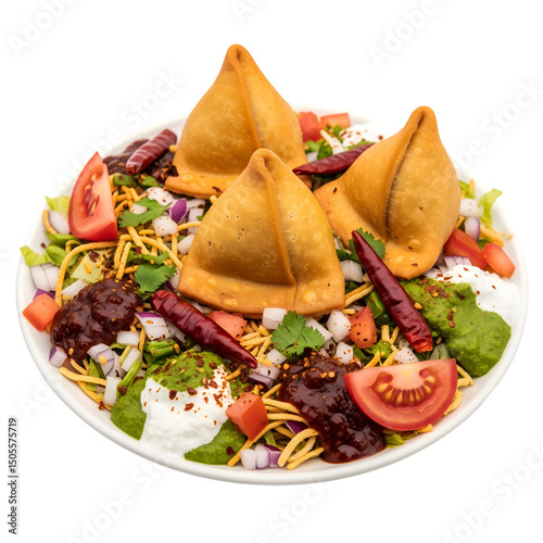 Samosa Chaat Platter isolated on a transparent background 
