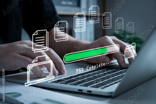 Downloading. business people hand download file transfer on mobile laptop computer, Data Center, cloud computing, backup storage management, artificial intelligence, cloud storage technology concept