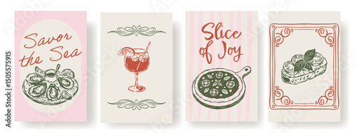 Summer Italian Food Poster Set with Oysters, Cocktail, Pizza, and Bruschetta – Hand Drawn Vector Illustrations, Vintage Color Palette, Mediterranean Aesthetic for Wall Art, Cafe Decor, or Stationery